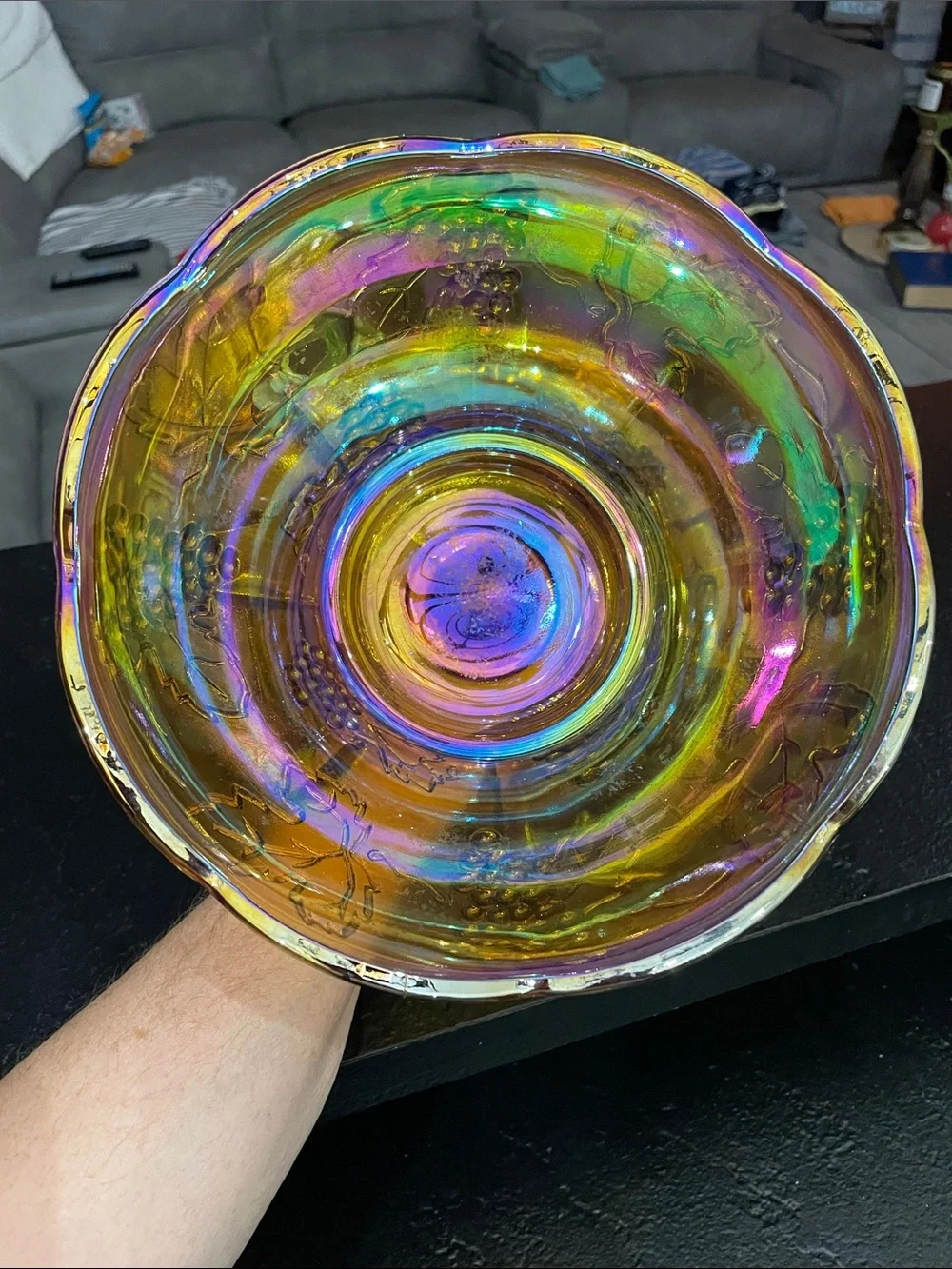 Indiana Glass Iridescent Carnival Glass Compote Bowl - Grape Multicolor